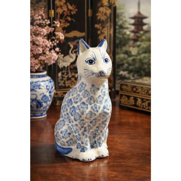 Unbranded Other - Vintage Blue & White Ceramic Cat Figurine Floral Pattern Made in Thailand
